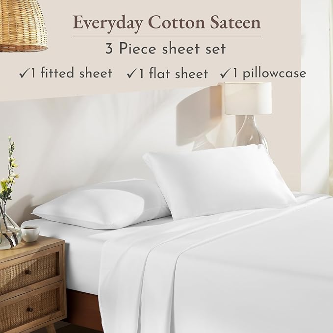 California Design Den Natural 100% Cotton Sheets Twin XL Size Set - Soft Sateen Weave, Twin XL Sheet Sets with 12" Pockets, Breathable and Durable Bedding for Dorm Rooms, College (White)