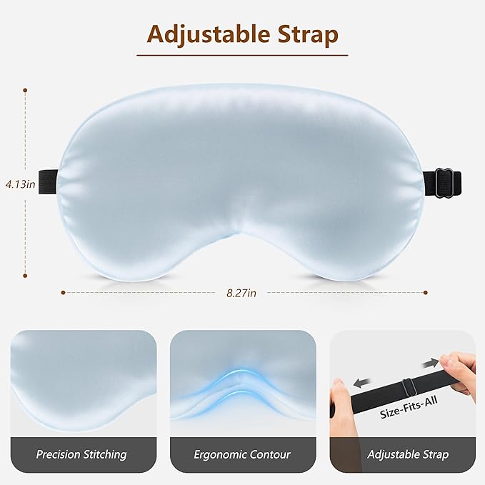 Sleep Mask Silk Eye Mask for Men Sleeping Mask, Adjustable Elastic Strap for Night Shading Sleep Mask, Soft and Comfortable for Both Men and Women (Light Blue, 3 Packs)