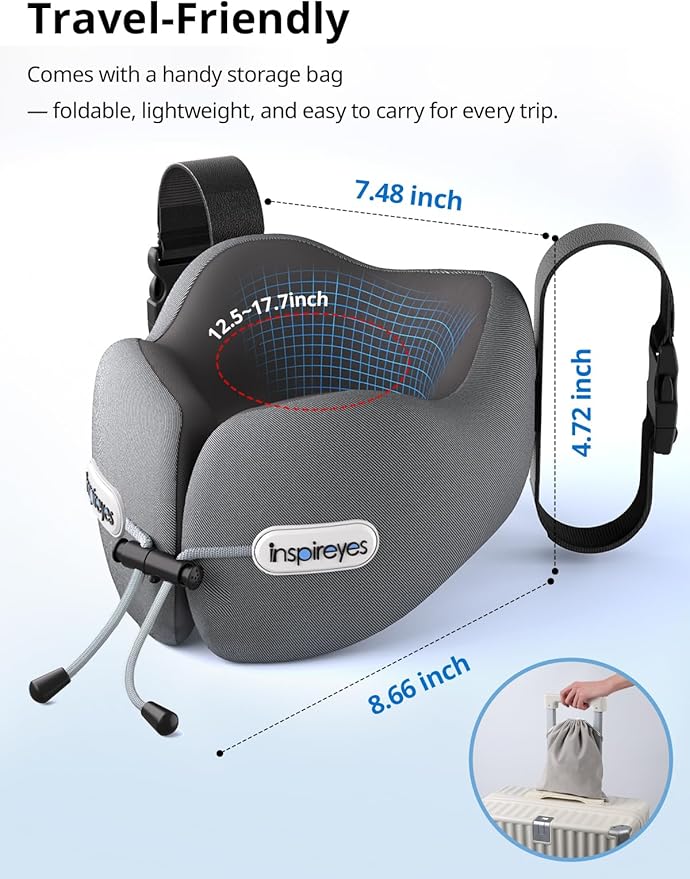 Inspireyes Neck Pillow, Travel Pillow with Seat Strap, 3D Sleep Mask, Dual Support Neck Head, High Supportive Foam Airplane Pillow for Long Flight Road Trip, Stop Bobblehead Travel Essential, Beige