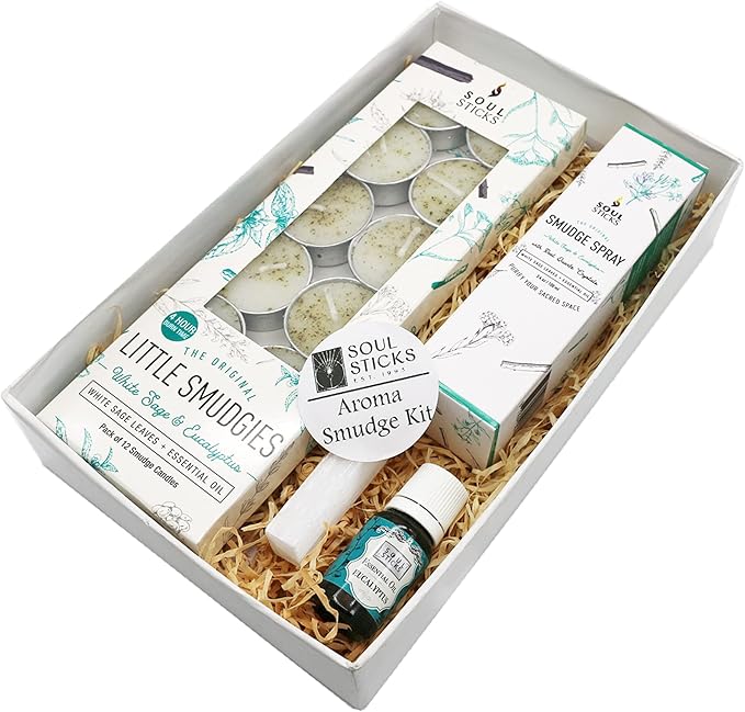 SOUL STICKS Aroma Smudge Kit | Gift Set with Little Smudgies Candles, Smudge Spray, Essential Oil and 2 Selenite Wand in White Gift Box (Eucalyptus)