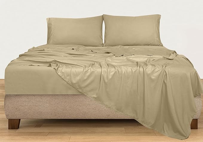 ROYALE LINENS 300 Thread Count 100% Long Staple Combed Cotton Sheet Set - 4 Piece King Bed Sheets - 1 Fitted, 1 Flat & 2 Pillow Cases - Soft Cool & Crisp Sheet Set (King, Beige)