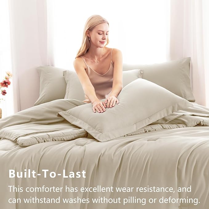 CozyLux King Size Comforter Set Oatmeal, 7 Pieces Bed in a Bag King Comforter Set with Sheets, Luxury Soft Bedding Sets with Down Alternative Comforter, Fitted Sheet, Flat Sheet, Pillowcases & Shams
