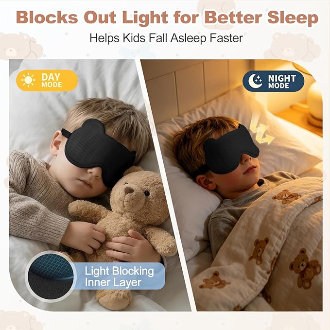 Kids Sleep Mask, 3D Sleep Mask for Kids with Adjustable Elastic Strap, Soft Comfortable Eye Mask for Children, Blackout Travel Kid Sleeping Mask for Ages 5-15 Boys Girls (Black)