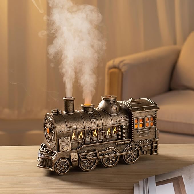 300ML Train Diffusers for Essential Oils Steam Train Humidifier & Aroma Diffuser with Night Light, Dual Mist & Timing Function Desktop Humidifier Air Diffuser for Bedroom (Gold)