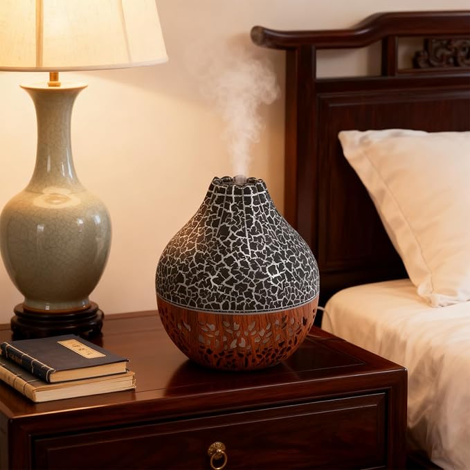 Essential Oil Diffuser, Mini Ultrasonic Air Diffuser Humidifier Luminous Hallow Silent Auto Shut Off USB Aromatherapy Diffuser for Home Office Spa (Black Crack Dark Wood Grain)