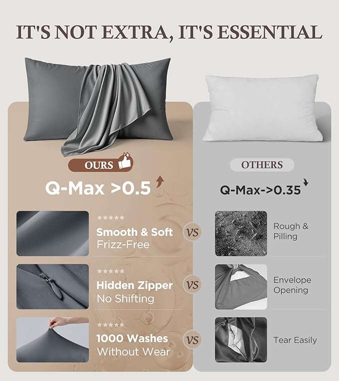 Instant Chill Cooling Pillowcase for Hot Sleepers, 2% HA Infused Pillowcase Hydrates Skin & Hair, Reduces Wrinkles & Frizz, Softer Than Silk Pillow Cases, Pillow Covers Queen (Dark Gray, 1 Pack)