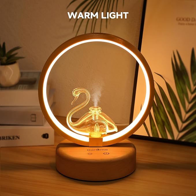 DAROMA Swan Handmade Glass and Wood Essential Oil Diffuser, Portable Waterless Metal Ring Aromatherapy Diffuser with Auto Off & Adjustable Mood Light, Ideal for Home, Office, Bedroom
