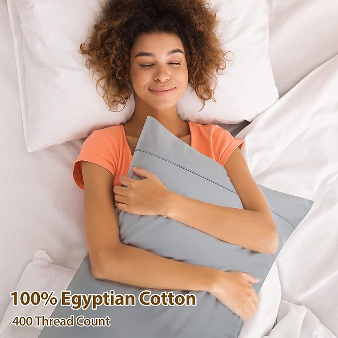 100% Egyptian Cotton Pillow Cases Set of 2,Standard Size 400 Thread Count Cooling Pillowcases,Soft and Breathable Pillow Covers with Envelope Closure,20x26 Inches,Gray