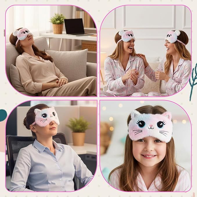 Kids Sleeping Mask, 2 Pcs Cute Plush Cat Sleep Mask for Kids Soft Comfortable Colorful Night Eye Masks Funny Animal Blindfold Eye Cover for Women Home Travel Nap (Cat, Koala)