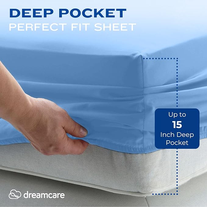 DREAMCARE Twin XL Sheet Sets - 4 pcs Breathable Cooling Bed Sheets - up to 15" Deep Pocket Twin XL Sheets Set with Side Pockets -Extra Soft 100% Brushed Hypoallergenic Hotel Luxury Bedding -Light Blue