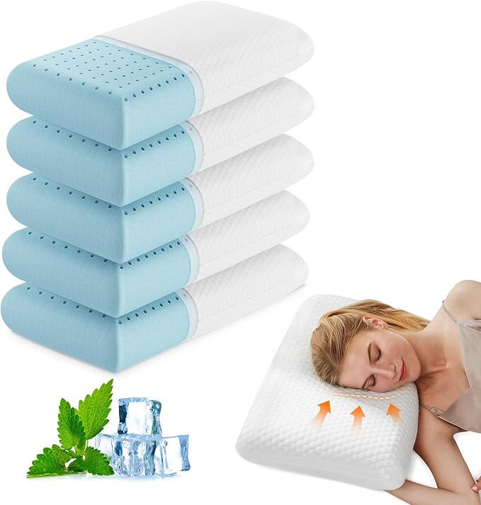 OLIXIS Memory Foam Pillows for Sleeping 5 Pack Queen Size Bed Pillows for Adults with Removable Washable Cover Breathable Mesh Gel Cooling Technology Firm Support for Back and Side Sleepers Pure White