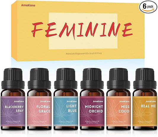 AmaKane Feminine Fragrance Oils, Women Essential Oils, Fragrance Oil for Candle Soap Making, Diffuser Oils Scents 6x10ml, BlackBerry& Bay, Midnight Orchid, Floral Grace, Miss Coco and More