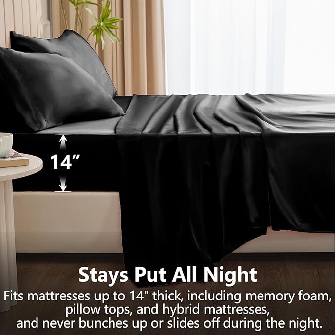 CozyLux Satin Sheets King Size Sheet Set - 6 Piece Silky King Sheets, Luxury Black King Bed Set with Smooth and Soft Microfiber, Includes 1 Fitted Sheet, 1 Flat Sheet and 4 Pillowcases