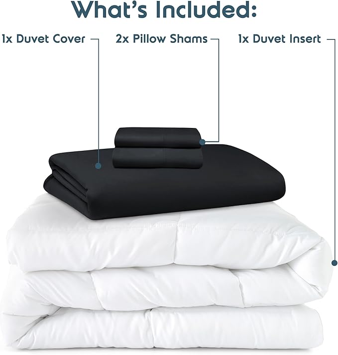 Nestl Full Duvet Cover Set with Comforter Insert - Black 4 Piece 80x90 Duvet Cover & 2 Pillow Shams with White Quilted Down Alternative Comforter, Ultra Soft, All Season