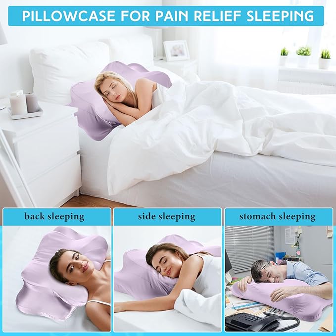 Hahafelt Cooling Cervical Neck Pillowcase Cover (Only Pillow Case) Ergonomic Pillowcase with Zipper Breathable Contour Pillow Cover for Side Back Stomach Sleepers(Purple,Standard Size)