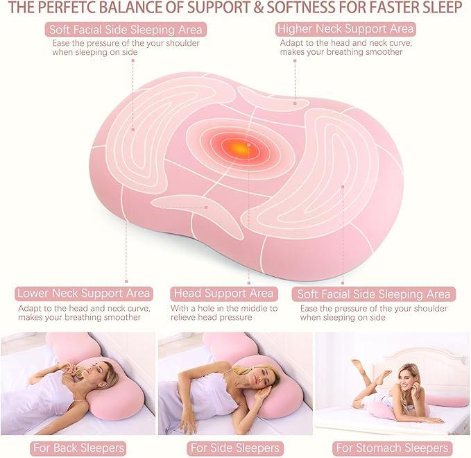 Cervical Memory Foam Pillow: Neck Pillows for Pain Relief Sleeping - Ergonomic Pillow for Neck and Shoulder Pain | Contour Support Bed Pillow for Side Back Stomach Sleepers (Pink)