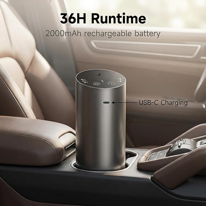 Car Diffuser, Waterless Essential Oil Diffuser with 2000mAh Battery & Timer, Adjustable Mist Cordless Aromatherapy for Car, Portable Air Freshener with Premium Aluminum Alloy & Type-C Charging(Grey)