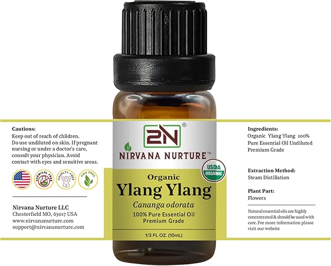 Ylang Ylang Essential Oil, USDA Certified Organic, 100% Pure Undiluted, Aromatherapy Oil for Diffuser, Hair & Skin Care