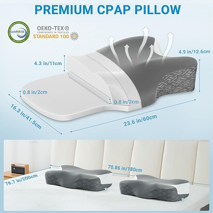 Elviros Neck Pillow for Pain Relief Sleeping, 2 Pack CPAP Pillows for Side, Back & Stomach Sleepers, Ergonomic Orthopedic Pillow for CPAP Users to Reduce Air Leaks and Mask Pressure, Dark Grey