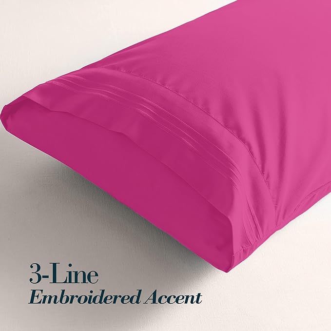 Mocassi 2-Piece Premium Standard/Queen Pillowcase Set 1800 Series Hotel Quality Microfiber - Soft and Breathable with 3-Line Embroidery Wrinkle and Stain Resistant, Easy Care, 20" x 30", Hot Pink