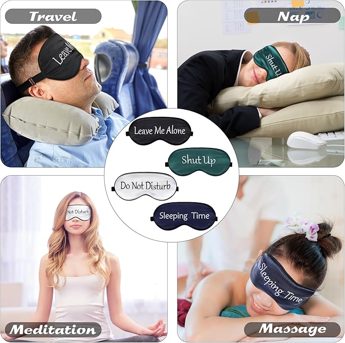 Geyoga 4 Pieces Funny Eye Mask for Sleep Soft Satin Blocking Blindfold with Adjustable Strap Silk Eye Cover Out Lights Travel for Women Men Travel, Nap, Meditation (Black, Ink Green, Navy Blue, White)