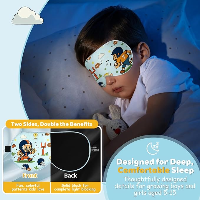 Kids Silk Sleep Mask – 100% Mulberry Silk Eye Cover, Kid Eye Mask with Adjustable Strap, Soft & Breathable Blackout Sleeping Mask for Boys and Girls Ages 5-15 (Football Style)