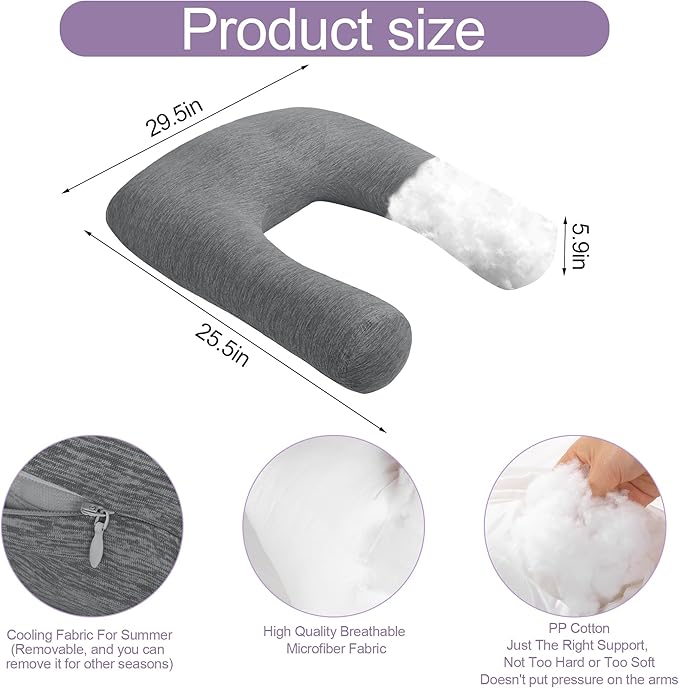 HOMBYS Cooling U Shaped Pillow for Neck, Contour Shoulder Pillow for Side Sleepers, Ergonomic Body Pillows for Adults, Hug Pillow with Washable Cover for Back, Shoulder Pressure Reduce (Dark Grey)