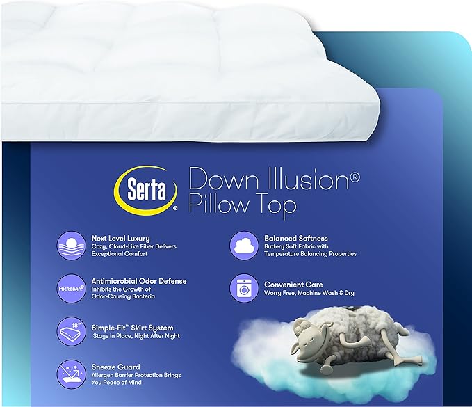 SERTA Down Illusion Soft Hypoallergenic 2 inch Pillowtop Simple Fit Mattress Topper, Queen, White