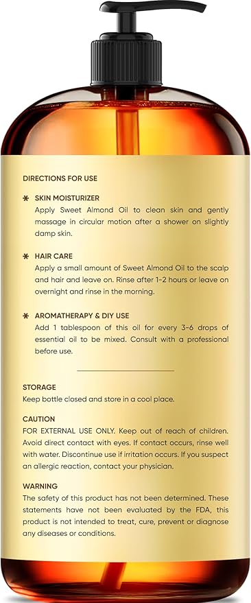 Brooklyn Botany Sweet Almond Oil | for Skin, Hair and Face | 16 Fl Oz | 100% Pure and Natural | Carrier Oil for Essential Oils, Aromatherapy and Massage | Hexane Free