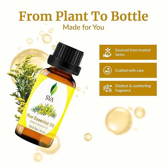 SVA Rue Essential Oil – 1/3 Fl Oz – 100% Natural Rue Oil - for Diffuser, Hair Care, Face, Skin Care, Aromatherapy, Scalp and Body Massage, Soap and Candle Making
