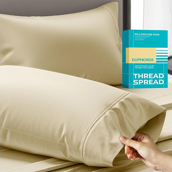Thread Spread 100% Egyptian Cotton Queen Pillow Cases Set of 2 - Luxury 800 Series Euphoria Collection Queen Pillow Cases (Sand), Soft Cooling Hotel Cotton Pillowcases, Fits Standard Pillows