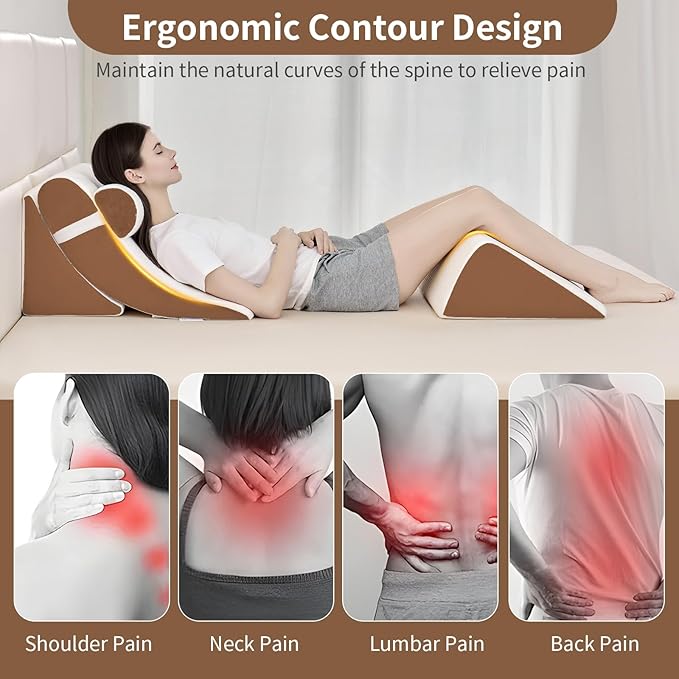 4PCS Orthopedic Bed Wedge Pillow Set for Post Surgery&Pain Relief,Adjustable Wedge Pillow for Back,Acid Reflux,Sitting up in Bed,Recovery,Snoring,Body Pillow for Sleeping (White/Dark Brown)