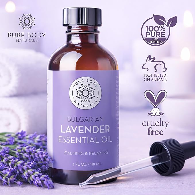 Pure Body Naturals Bulgarian Lavender Essential Oil, 4 Fl Oz - Therapeutic Grade 100% Pure Lavender Essential Oil from Bulgaria – for Diffuser, Aromatherapy & DIY