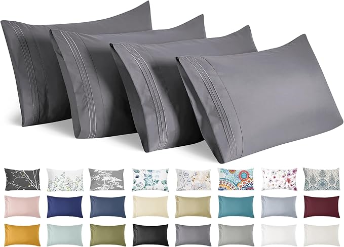 YIYEA King Pillow Cases Set of 4, Ultra Soft 1800TC Hotel Quality Double Brushed Microfiber Embroidered Pillowcases, Envelope Closure, Fade Resistant (20"x36", Medium Grey)