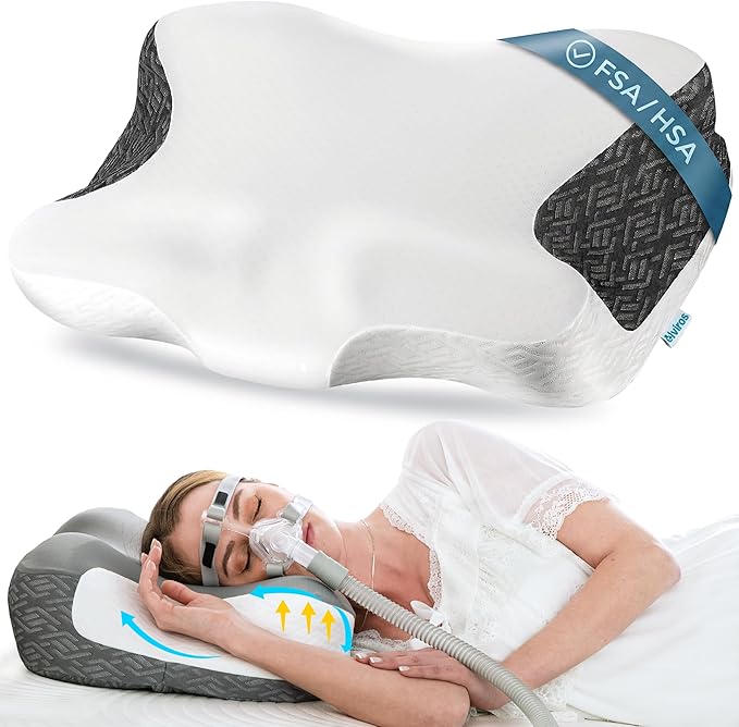 Elviros Cervical Neck Pillow for Neck Pain Relief, CPAP Pillow for Side, Back & Stomach Sleepers, Ergonomic Orthopedic Pillow for CPAP Users to Reduce Air Leaks and Mask Pressure, White