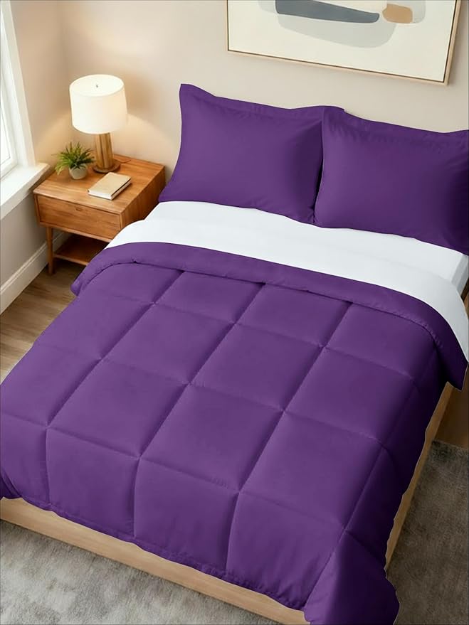 King Comforter Set - 3 Piece Bed Set for All Seasons - 1 Soft Quilted Comforter w/ Corner Tabs & 2 Pillow Shams - Comfy, Cozy & Breathable - Premium Down Duvet Insert - Oeko-TEX - King Size, Purple