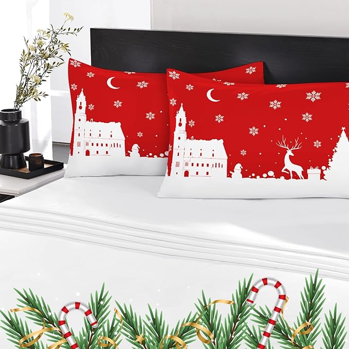 YIYEA Christmas King Size Pillow Cases Set of 4, Ultra Soft Double Brushed Microfiber Red Pillowcases and Christmas Pillow Covers, Envelope Closure, Fade Resistant (20"x36")