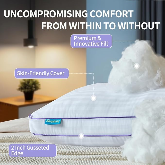 SLEEPDIARY Standard Pillows Set of 2,Hotel-Quality Bed Pillows with Zipper for Adjustable Loft, Machine Washable, Down Alternative Filling for Back, Side & Stomach Sleepers, White