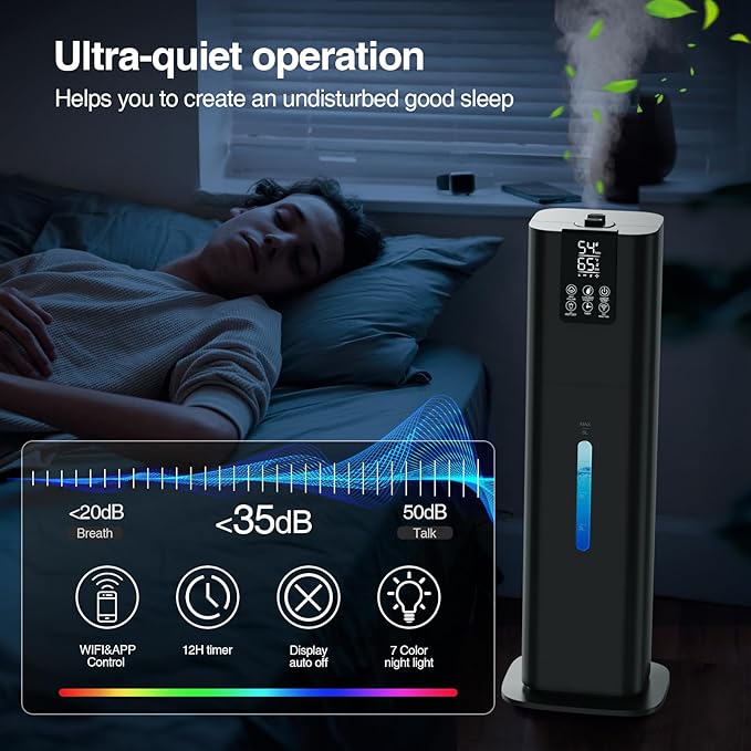 8L Smart Humidifier Large Room Bedroom Home, Quiet Top Fill Cool Mist Humidifier with Diffuser, Night Light, 3 Speed Humidifiers with 360° Nozzle, Timer, Humidity Setting for Plants Office Yoga Baby