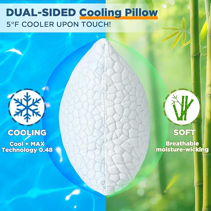 Cooling Pillow Standard Size Set of 2, CertiPUR-US Shredded Memory Foam Pillows, Cool Bed Pillows for Hot Sleepers, Adjustable Firm Pillow for Side,Back,Stomach Sleepers, Better Sleep Gifts for Mom