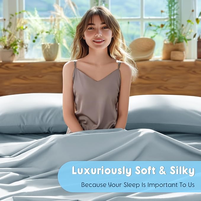 SONORO KATE 100% Egyptian Cotton Sheets Set - 1000 High Thread Count, Luxury 5-Star Hotel Sateen Bed Sheets, Soft, Breathable Long Staple Sheets, Fit up to 16" - 4 PC (Light Blue,Queen)