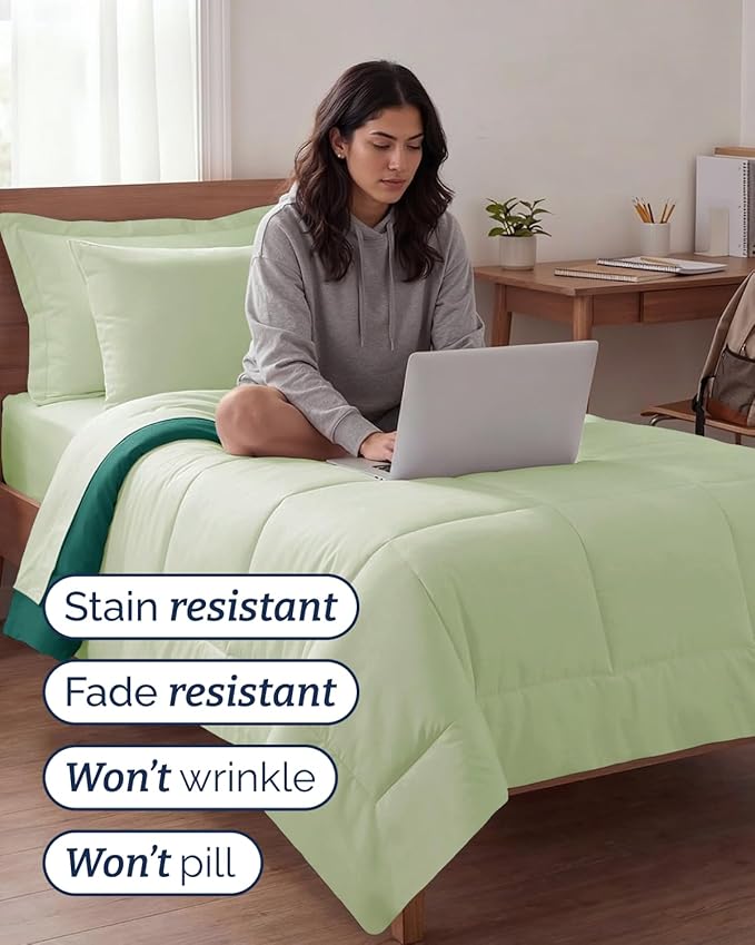 Twin XL Comforter Set - 5 Piece Bed in a Bag Twin XL Size Bed Set - Down Alternative Comforter, Flat Sheet, Fitted Sheet, Pillowcase & Sham for All Seasons - Soft and Breathable - Light Sage/Emerald