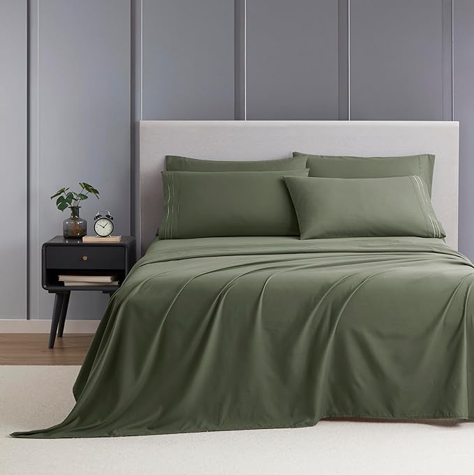 Clara Clark King Sheets - Hotel Luxury 6 Piece Bed Sheets for King Size Bed - Soft Bedding Sheets & Pillowcases, Fits Mattress up to 16 inch deep. King, Olive Green