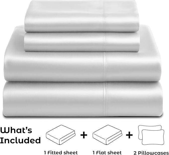Satin Sheets Queen [4-Piece, White] Hotel Luxury Silky Bed Sheets - Extra Soft 1800 Microfiber Sheet Set, Wrinkle, Fade, Stain Resistant - Deep Pocket Fitted Sheet, Flat Sheet, Pillow Cases