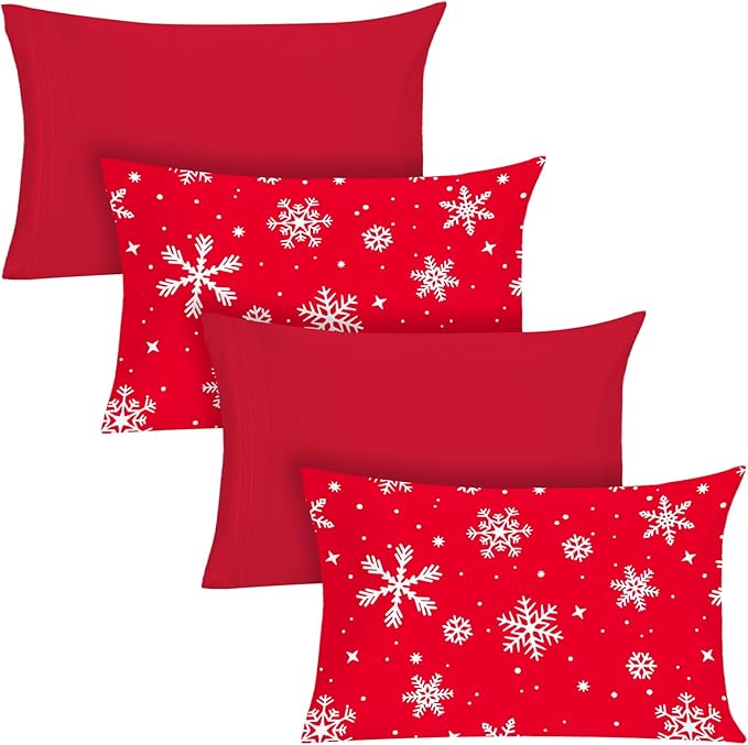 YIYEA Christmas Pillow Cases Queen Size Set of 4, Ultra Soft Double Brushed Microfiber Red Pillowcases and Christmas Snowflake Pillow Covers, Envelope Closure, Fade Resistant (20"x30")