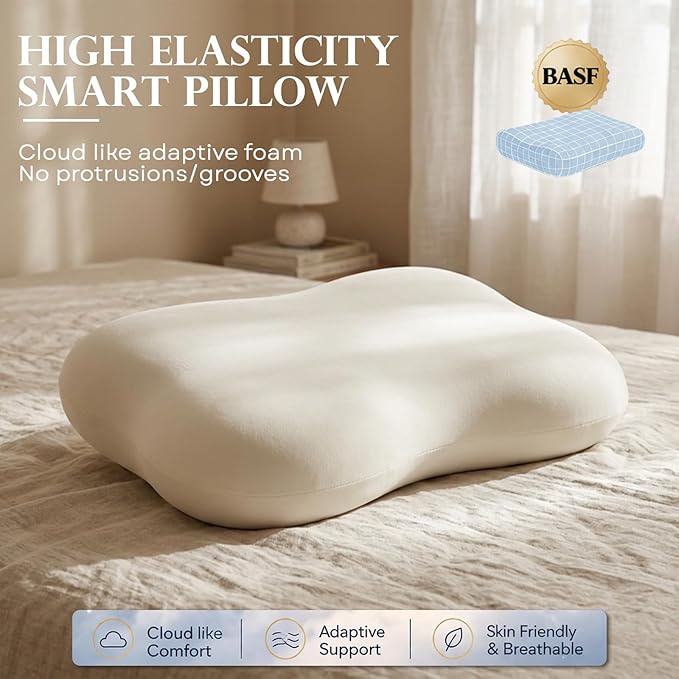 doudou Cervical Pillow for Side Sleepers - Neck Pain Relief Pillow with 3-5 Second Slow Rebound Memory Foam, 360° Ergonomic Support & Cooling Odor-Resistant Pillowcase for Home, Bed, Dorm Use