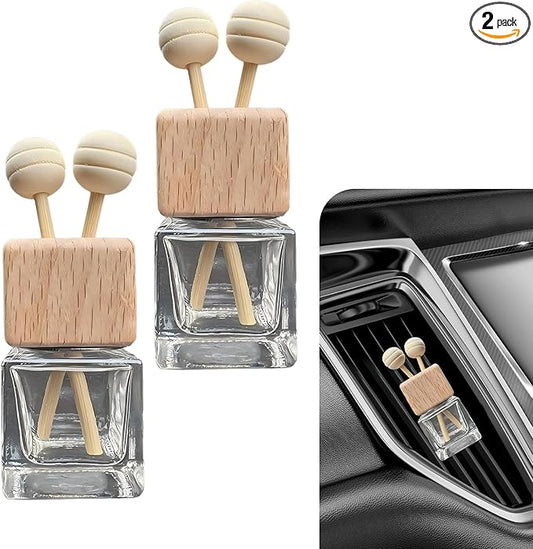 2PCS Car Air Diffuser Bottle Vent Clips, Refillable Empty Auto Essential Oil Glass Diffuser Bottle, Air Outlet Clip with Wooden Cap and Stick, Universal Car Interior Decor for Most Vehicles