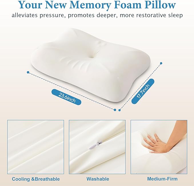 Cervical Neck Pillow for Deep Sleep – Medium Firm Cooling Memory Foam Pillow, Dual Height Ergonomic Contour for Gentle Neck & Shoulder Support, Side Back Stomach Sleepers