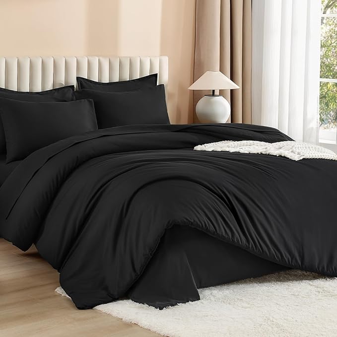 Litanika Twin Comforter Sets Black - 5 Pieces Bed in a Bag Beddding Sets, Solid Lightweight Bed Set with Comforter, Sheets, Pillowcase & Sham