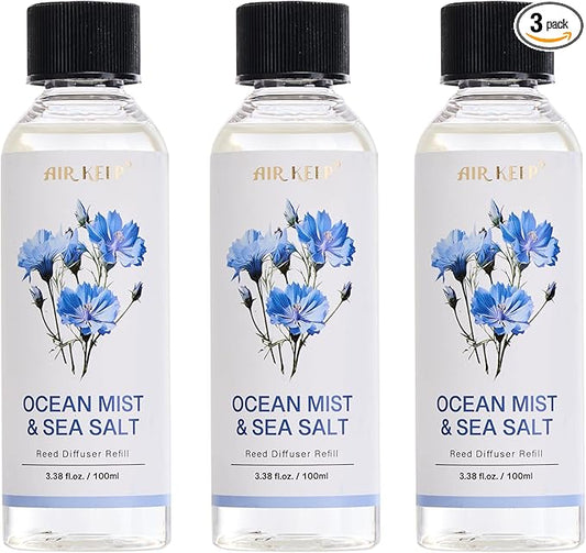 Airkeep Reed Diffuser Oil Refill/Ocean Mist&Sea Salt/3.38 oz(100ml)/3 Pack/Scented Oil Refill for Reed Diffuser Home Fragrance for Bedroom, Bathroom Office Home Decor